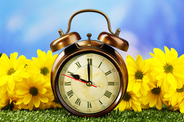 Alarm clock on green grass, on nature background