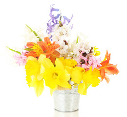 Beautiful flowers in metal bucket isolated on white