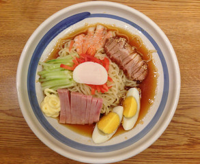 remen,the cold noodle with shrmip ham egg and cucumber in lemon