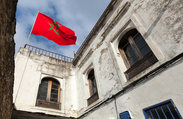 National flag of Morocco in old Medina, Tangier