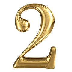 Golden shining metallic 3D symbol figure 2 isolated on white