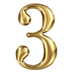 Golden shining metallic 3D symbol figure 3 isolated on white