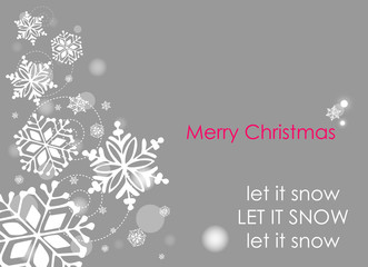 christmas greeting card, white snowflakes on grey background