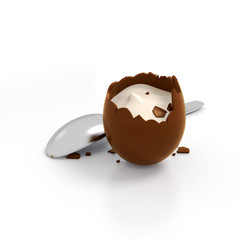 Easter chocolate egg cream filling with table spoon behind