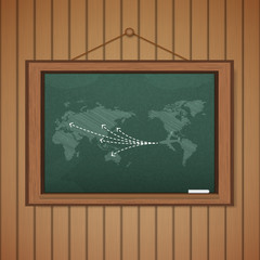 Realistic blackboard on wooden background drawing a Map