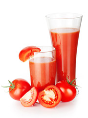 Two glasses of tomato juice with tomatoes