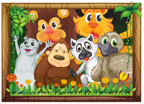 A wooden frame with animals