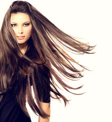 Fashion Model Girl Portrait with Long Blowing Hair