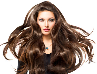 Fashion Model Girl Portrait with Long Blowing Hair
