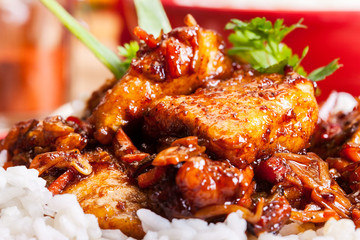 Close-up of sweet and sour pork and rice