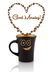 Coffee mug with coffee beans shaped heart with good morning sign