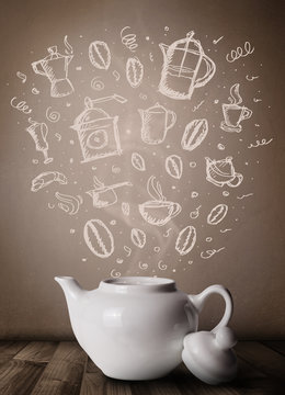 Tea pot with hand drawn kitchen accessories