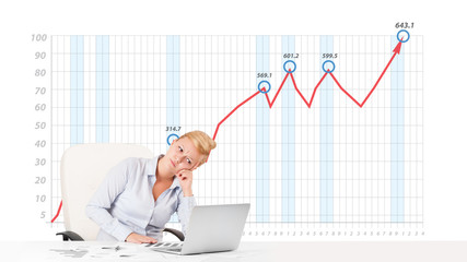 Young businesswoman calculating stock market with rising graph i