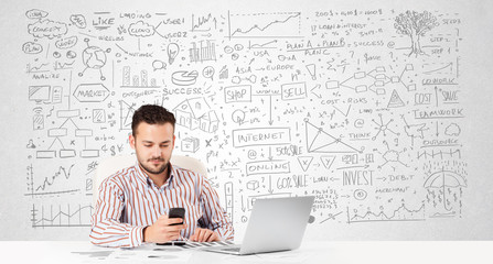 Businessman planning and calculating with various business ideas
