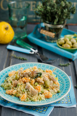 Couscous with mushrooms, vegetables and green olives