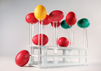 Happy Easter! Colorful Easter eggs placed on test tubes.