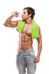 Strong Athletic Man Fitness Model drinking fresh water over whit