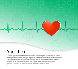 Vector medical background, red heart on green with EKG line