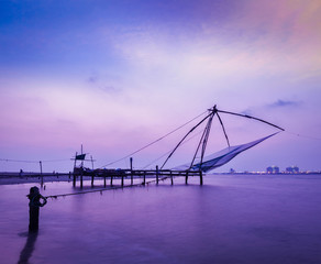 Chinese fishnets on sunset. Kochi, Kerala, India