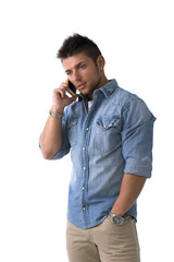 Handsome young man talking on cell phone (mobile), isolated