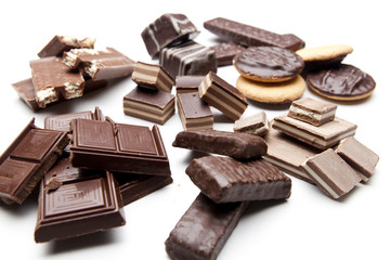 Chocolate pieces on a white background