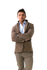 Handsome young man portrait, standing isolated on white