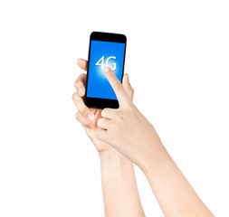 Hands are holding and point on A Big Screen Smart Phone on white