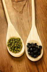 Soybeans and black beans in wooden spoons