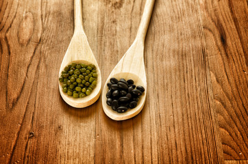 Soybeans and black beans in wooden spoons