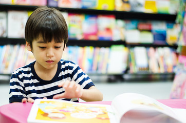 Little Boy in library reading book