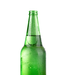 Close up of beer bottle on white