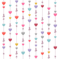 Seamless hanging hearts and stars background on white.