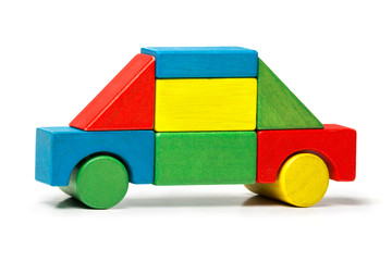 toy car, multicolor wooden blocks transport over white backgroun