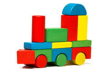 toy train, multicolor locomotive wooden blocks, transport over w