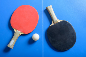 Pin-pong rubbers and a ball on blue playing board