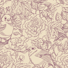 Fototapeta premium purple and beige birds and peonies
