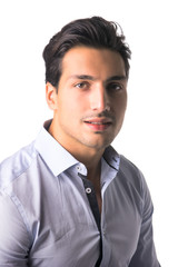 Brown eyed, black haired latin man on white background