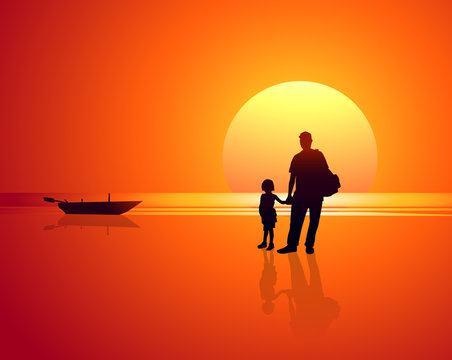 Father & Daughter in Sea Beach at Sunset-vector