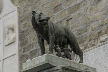 Sculpture of a mother-wolf feeding Romulus and Remus, Rome, Ital