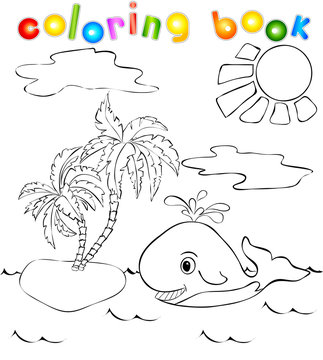 Whale near the island with palms. Coloring book
