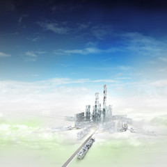 bird view focused to modern city of future in mist