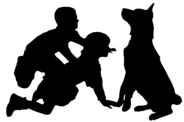 Vector silhouette of a child with a dog.