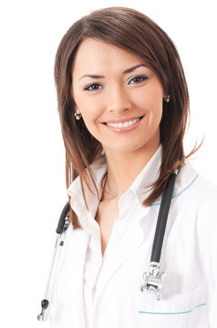 Cheerful female doctor, over white background