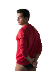 Young man with red wool sweater and underwear