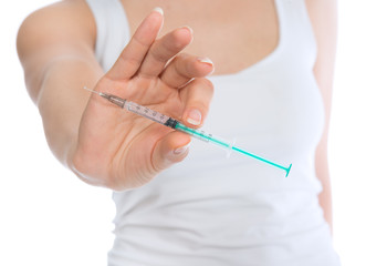 Obraz na płótnie Canvas Doctor hand with medical insulin syringe ready for injection