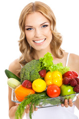 Young woman with vegetarian food, on white