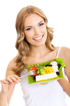 Woman with vegetarian salad, over white