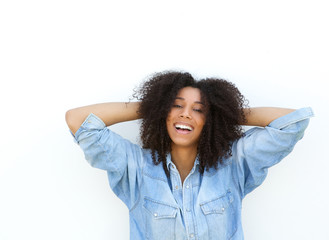 African american woman with hands in hair