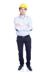 Full body portrait of a handsome engineer, isolated on white