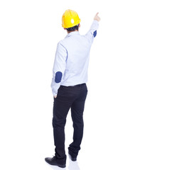 Engineer pointing at something, isolated on white
